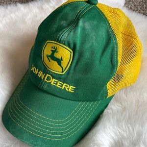 John Deere Vintage Square Patch Mesh Snapback Trucker Hat Retro Green Yellow